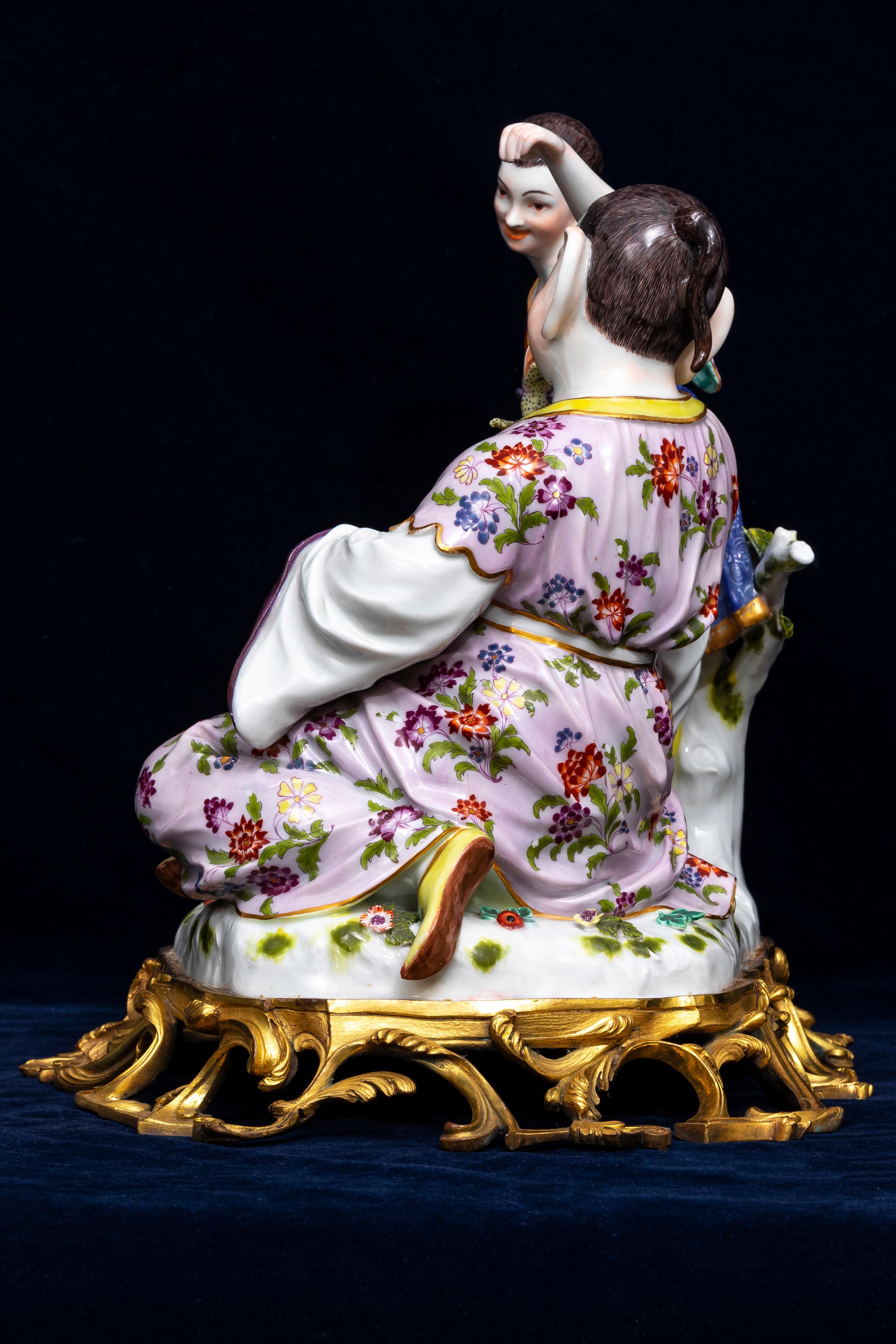 Mid-19th Century 19th C. Ormolu Mounted Meissen Porcelain Chinoiserie Group w/ Parrot and Dragon