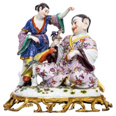 19. Jh. Ormolu Montierte Meissen Porcelain Chinoiserie Gruppe mit Papagei und Drache