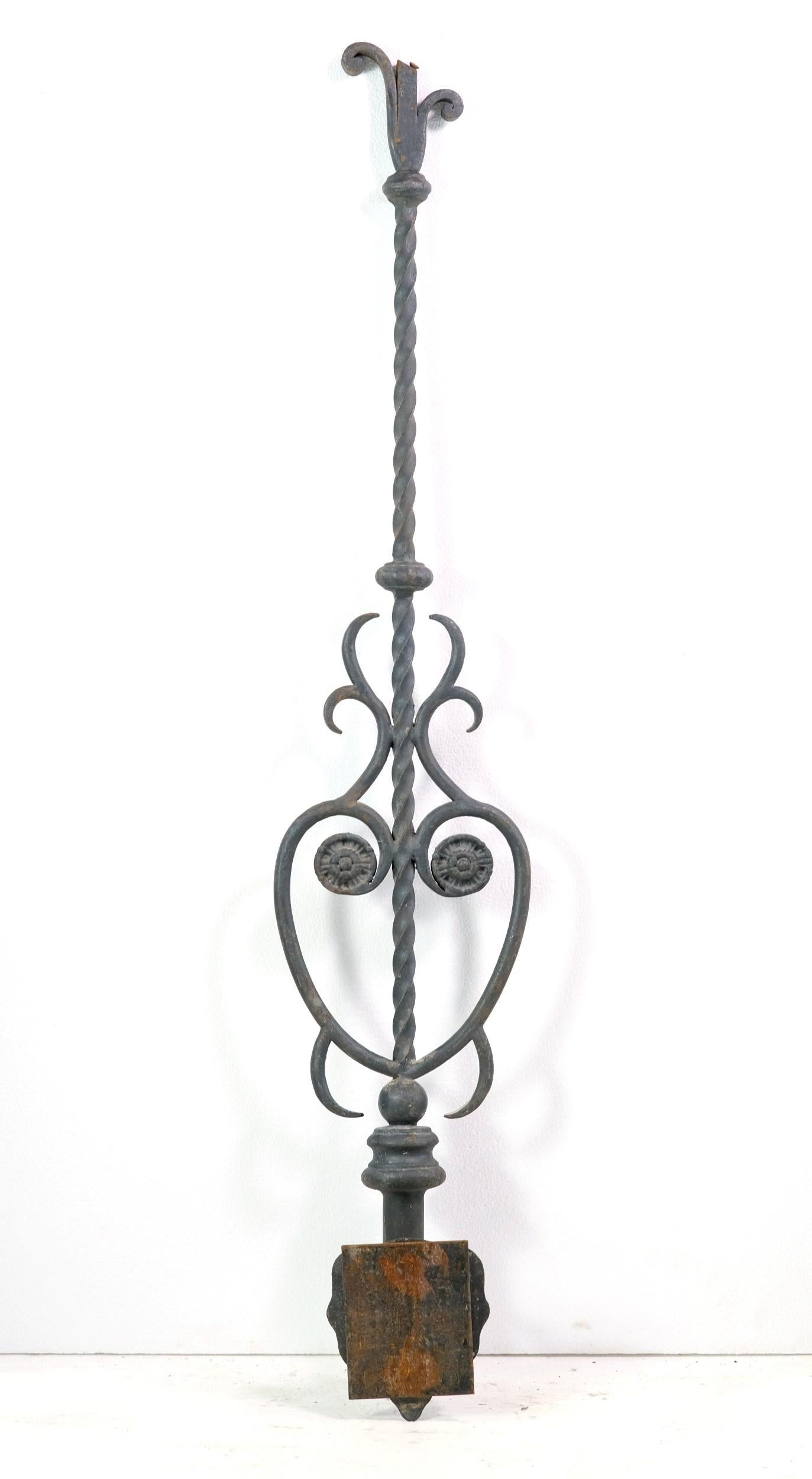 19th Century 19th C. Ornate Wrought Iron Balustrade Floral Details Stair Rail 44 In. 