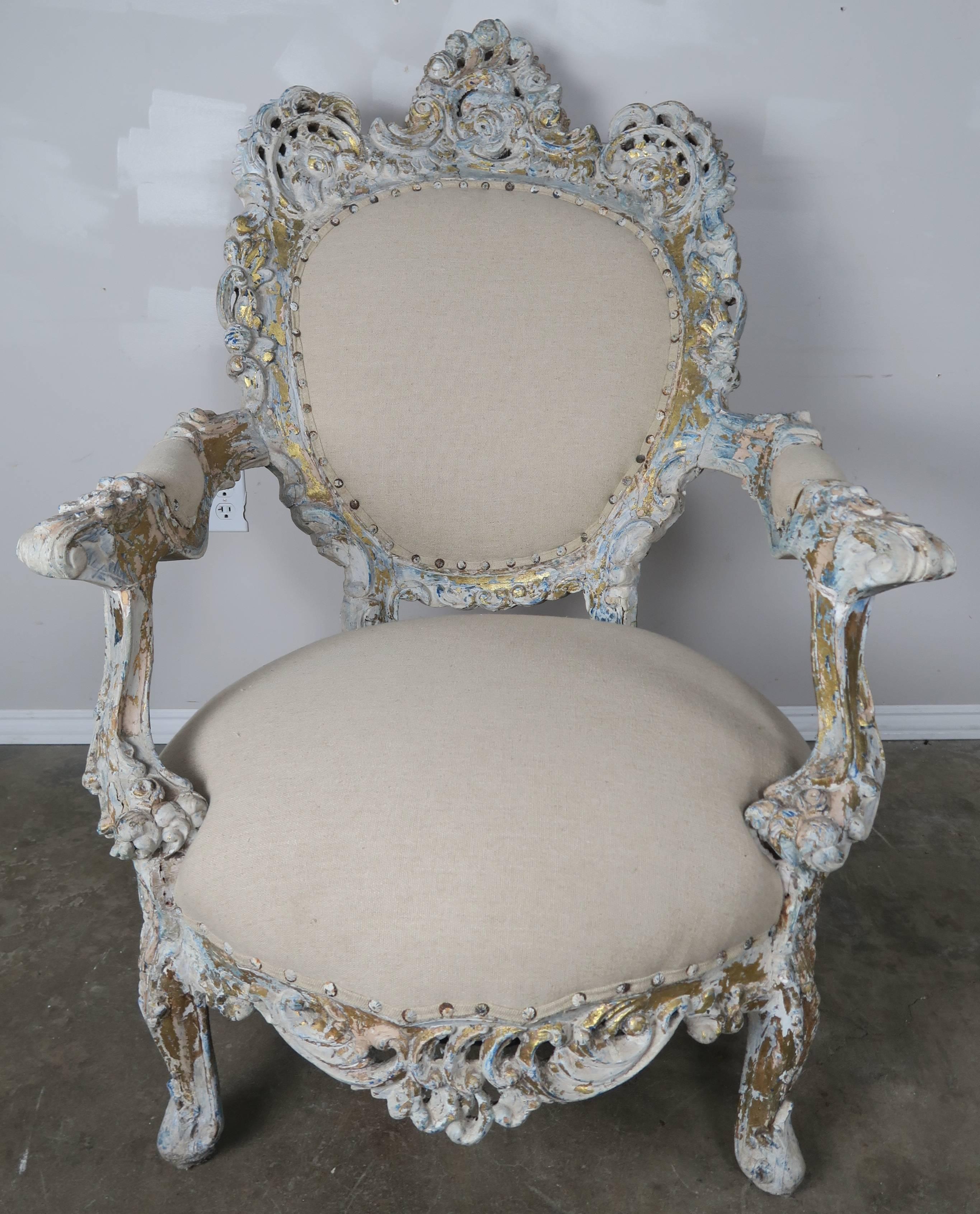 Rococo 19th Century Painted and Parcel-Gilt French Armchairs, Pair