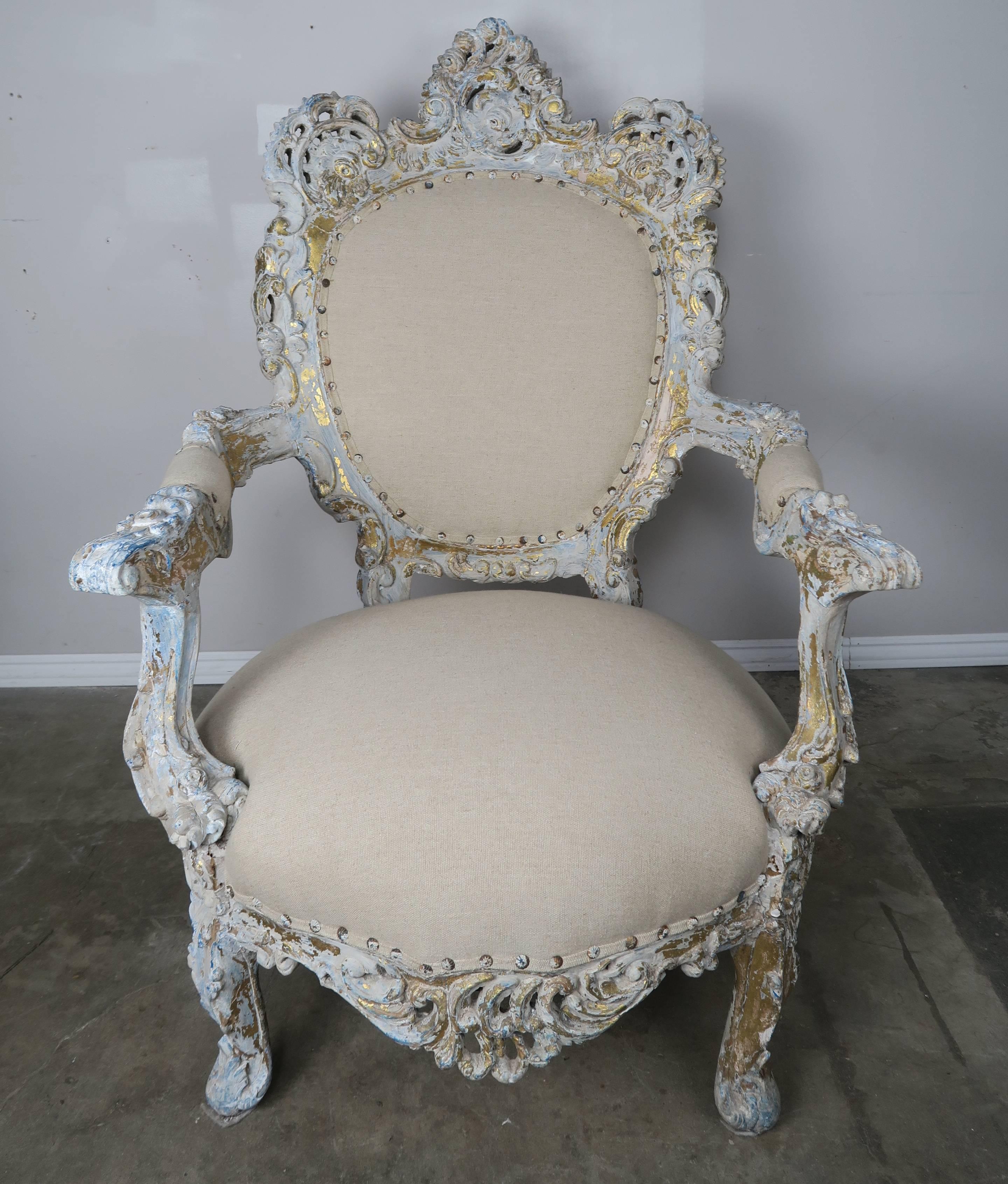 19th Century Painted and Parcel-Gilt French Armchairs, Pair In Distressed Condition In Los Angeles, CA