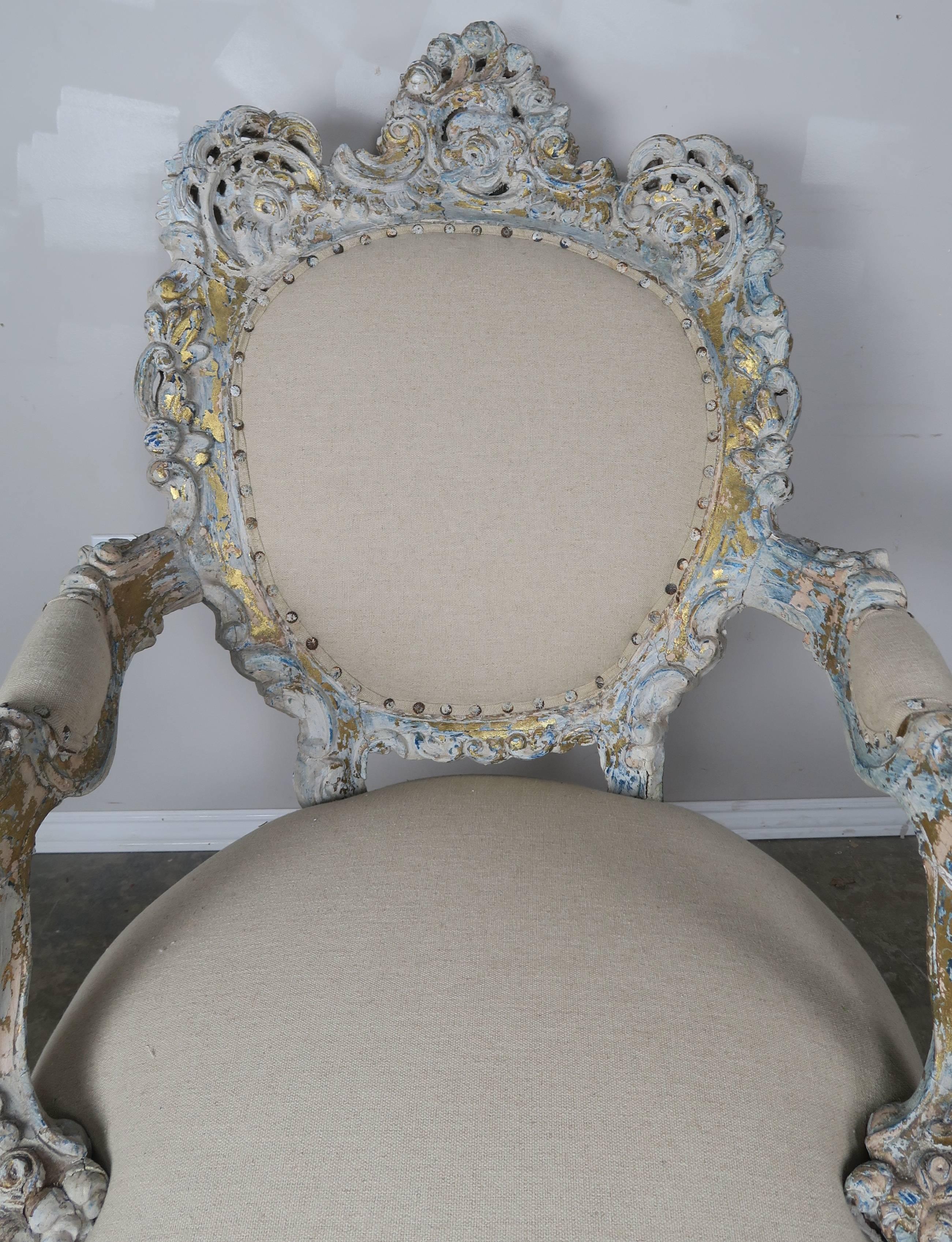 Late 19th Century 19th Century Painted and Parcel-Gilt French Armchairs, Pair