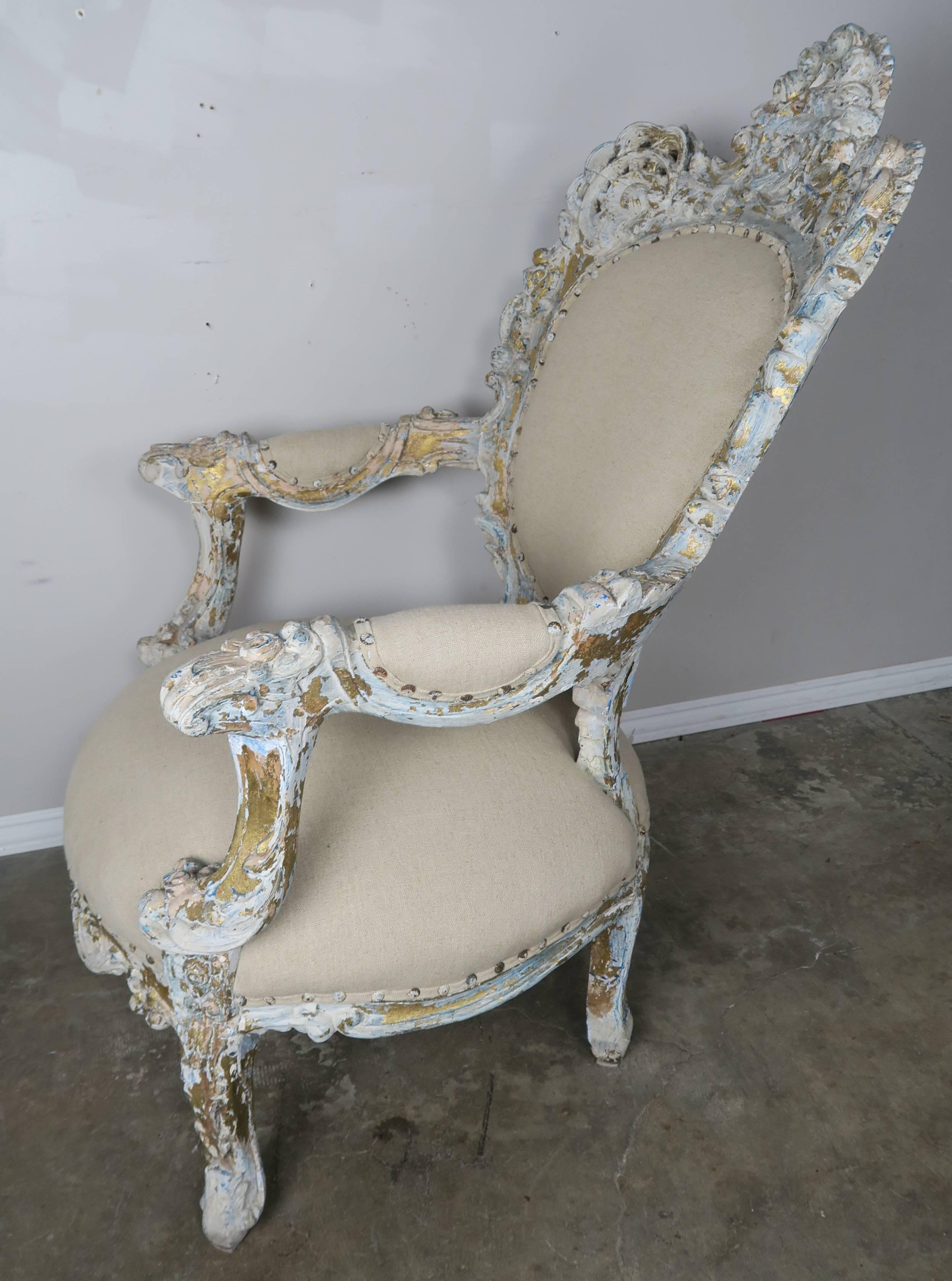 Linen 19th Century Painted and Parcel-Gilt French Armchairs, Pair