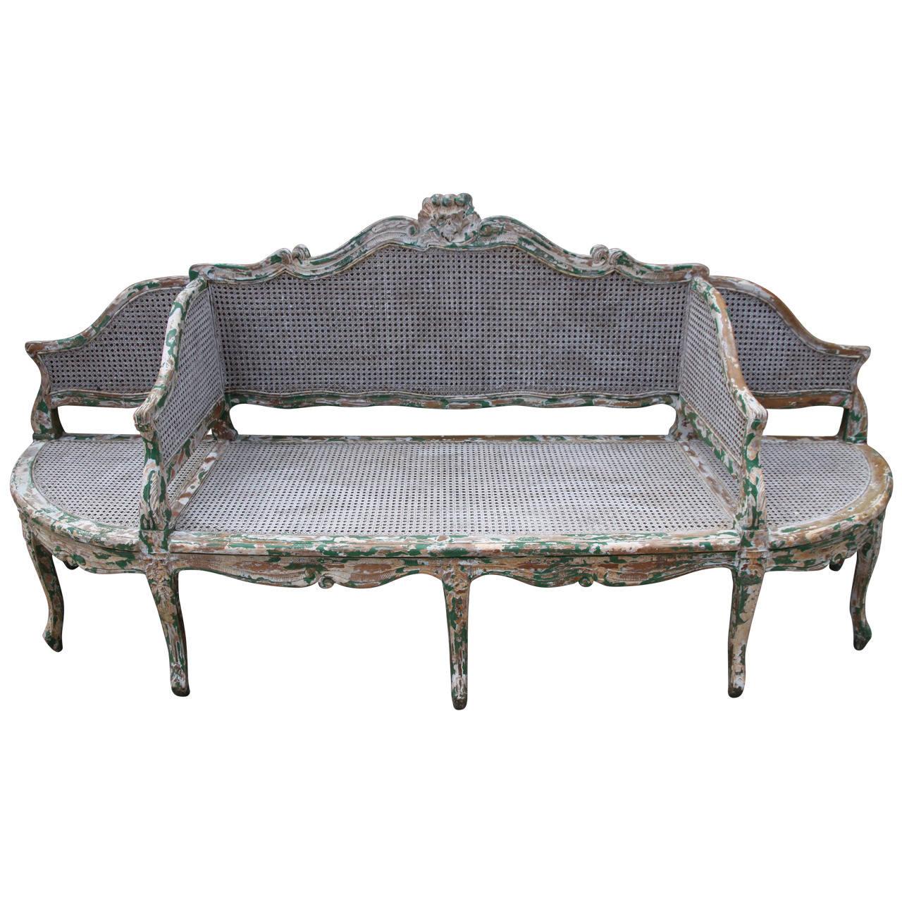 Rococo 19th C. Painted Carved Wood & Cane 3-Section Sofa