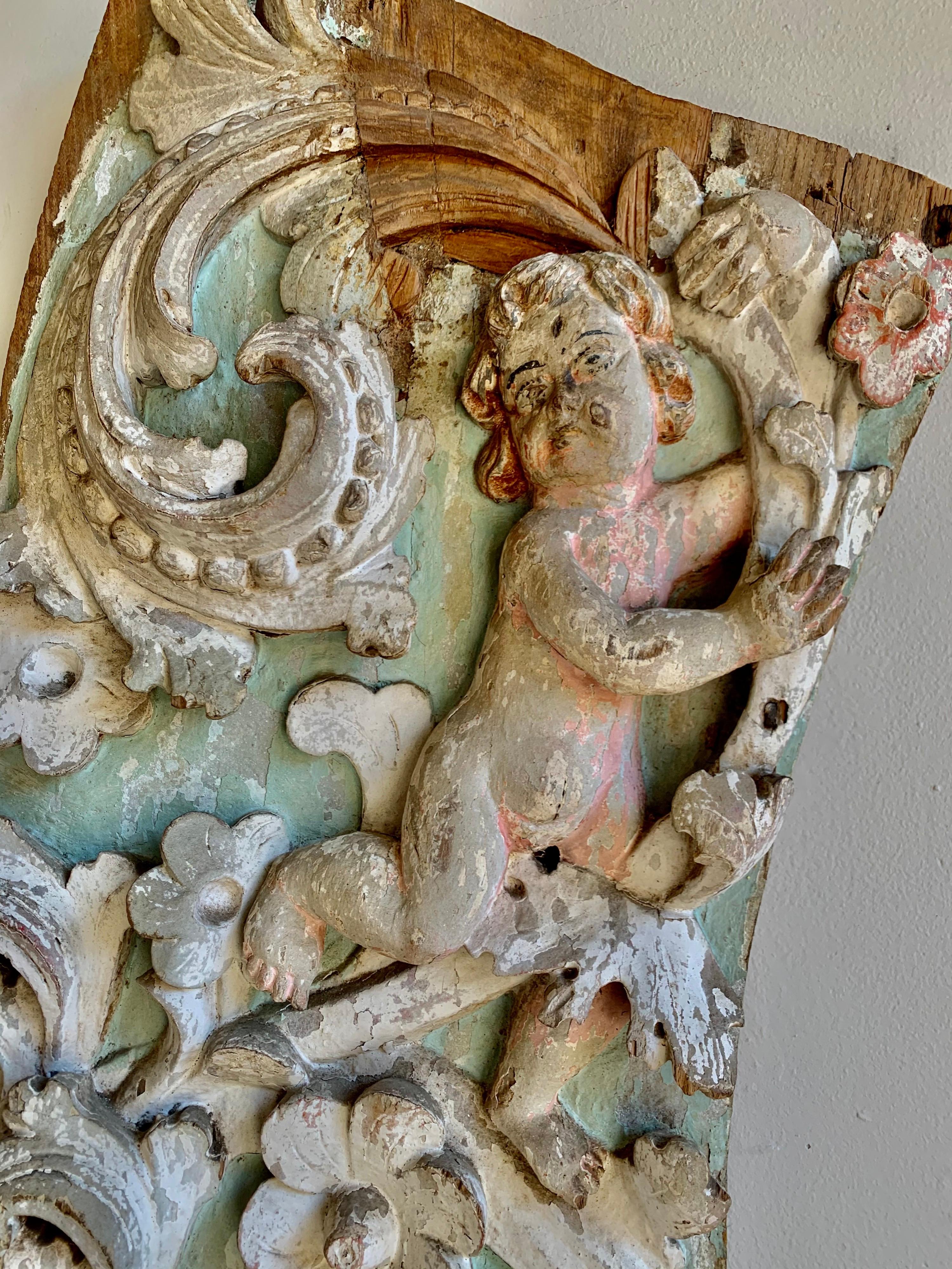 Baroque 19th Century Painted Italian Carved Panel with Cherubs