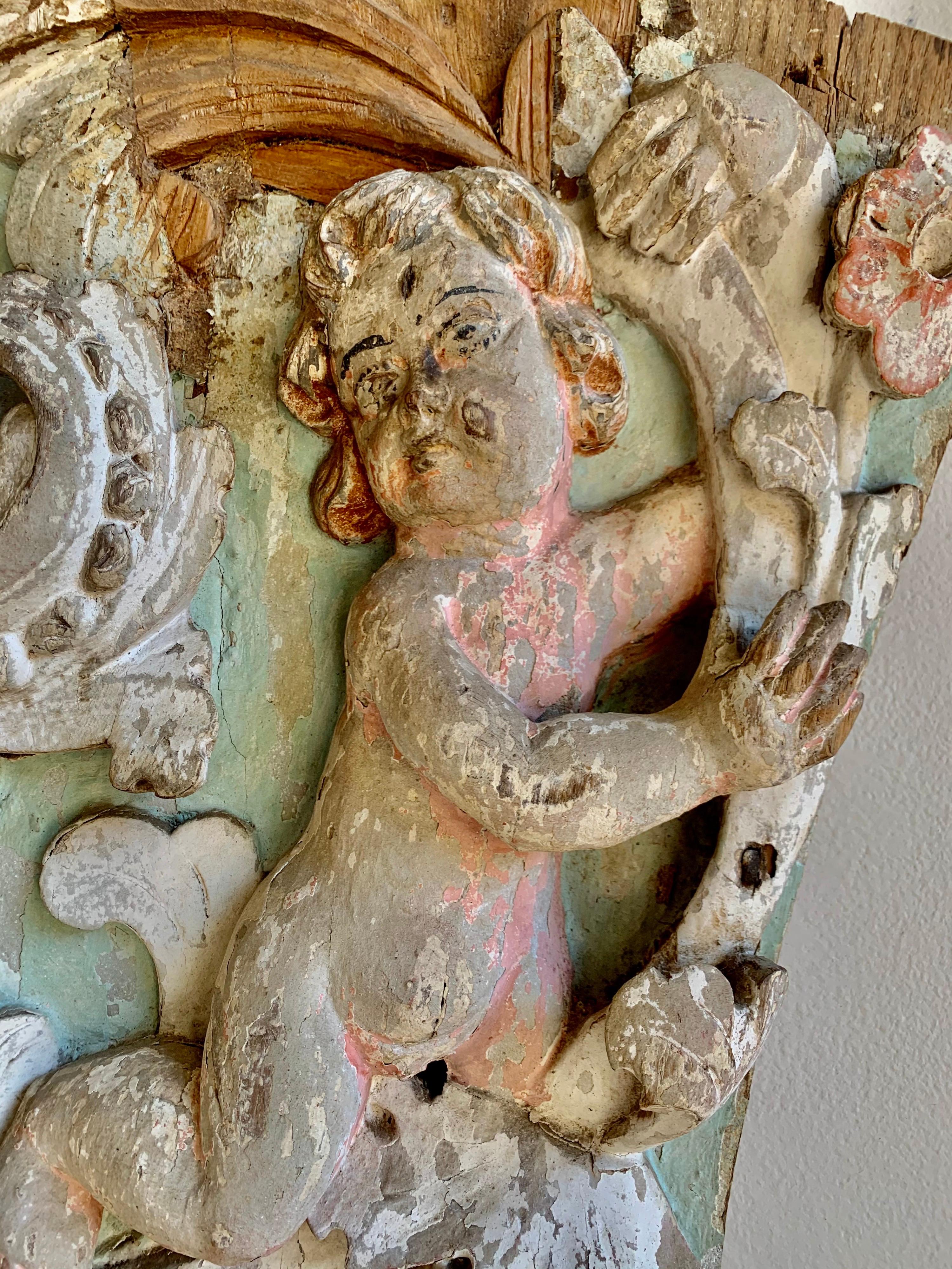 19th Century Painted Italian Carved Panel with Cherubs In Distressed Condition In Los Angeles, CA