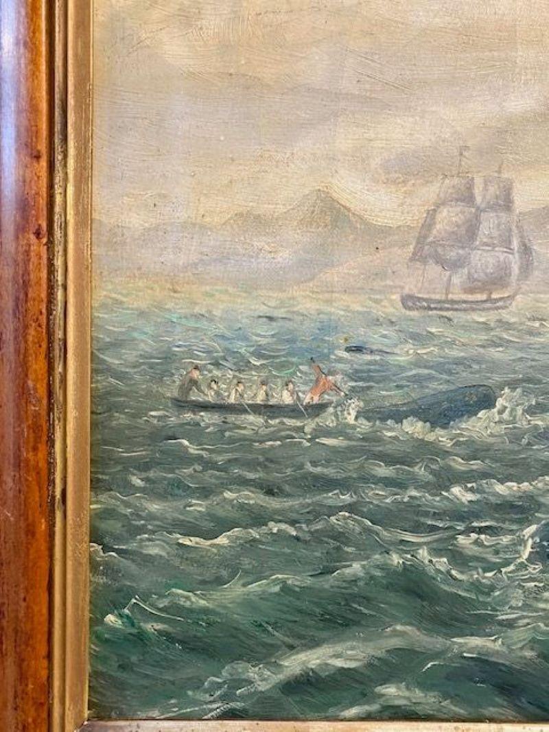 Peinture ancienne d'une scène de pêche à la baleine dans les mers du Sud, attribuée à un capitaine E. Howes, milieu du 19e siècle, une huile sur toile d'art populaire représentant la pêche à la baleine dans les mers du Sud, avec une vue panoramique