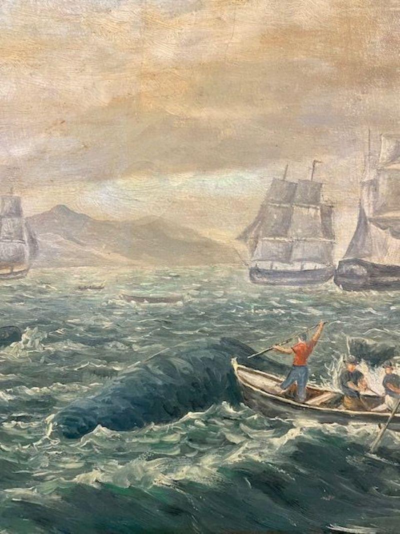 Artisanat Peinture d'une scène de baleine sur les mers du Sud, attribuée au capitaine E. Howes, 19e siècle en vente
