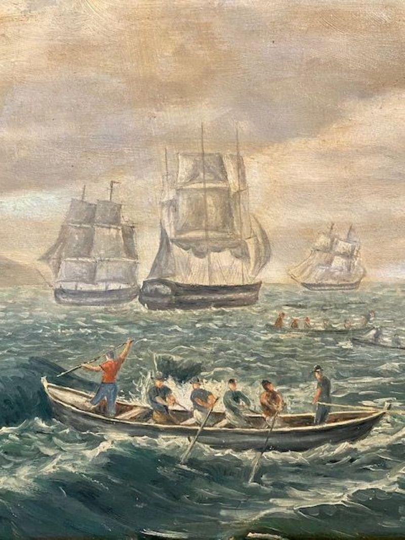 Américain Peinture d'une scène de baleine sur les mers du Sud, attribuée au capitaine E. Howes, 19e siècle en vente