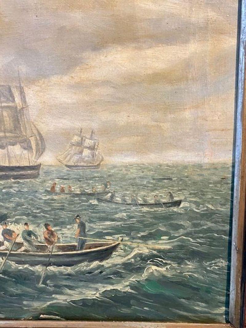 Peint à la main Peinture d'une scène de baleine sur les mers du Sud, attribuée au capitaine E. Howes, 19e siècle en vente