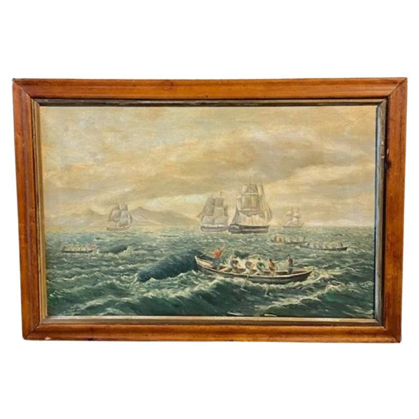 Peinture d'une scène de baleine sur les mers du Sud, attribuée au capitaine E. Howes, 19e siècle en vente