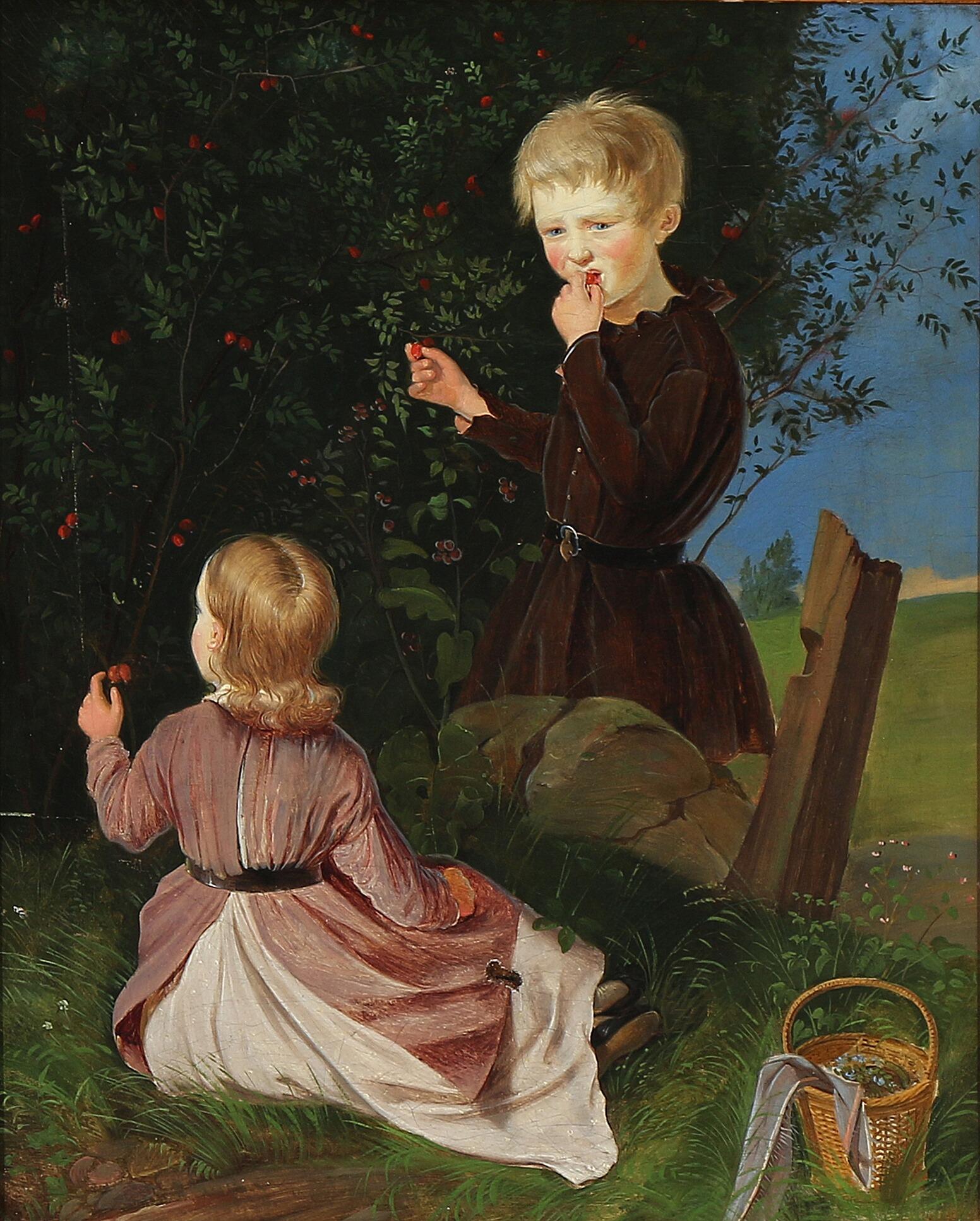 Charming unsigned 19th century painting of two small children picking berries. Oil on canvas. Measures: 16.5