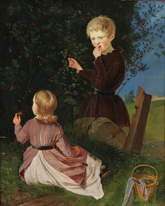19th Century Painting of Two Children Picking Berries