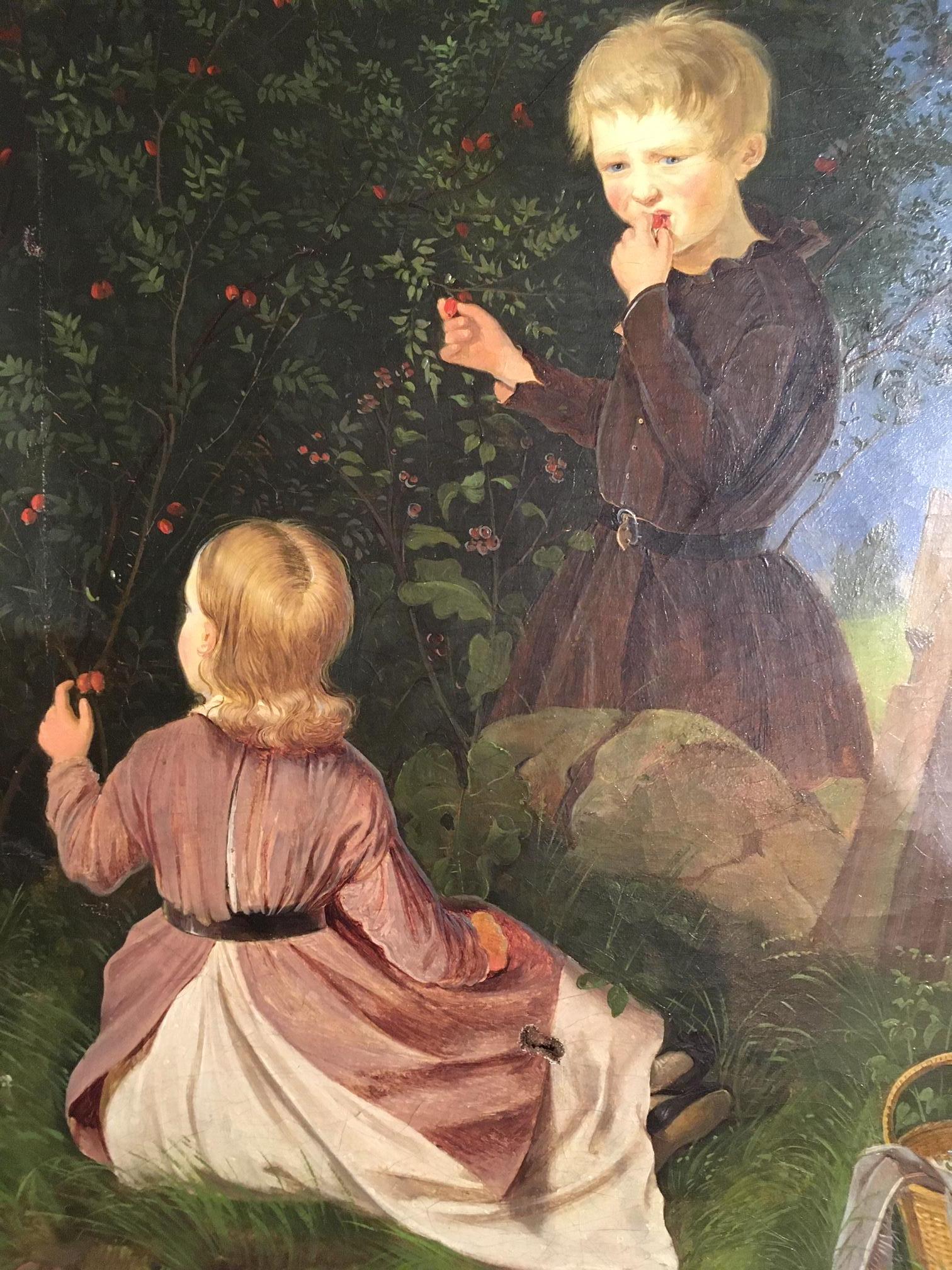 Romantic 19th Century Painting of Two Children Picking Berries For Sale