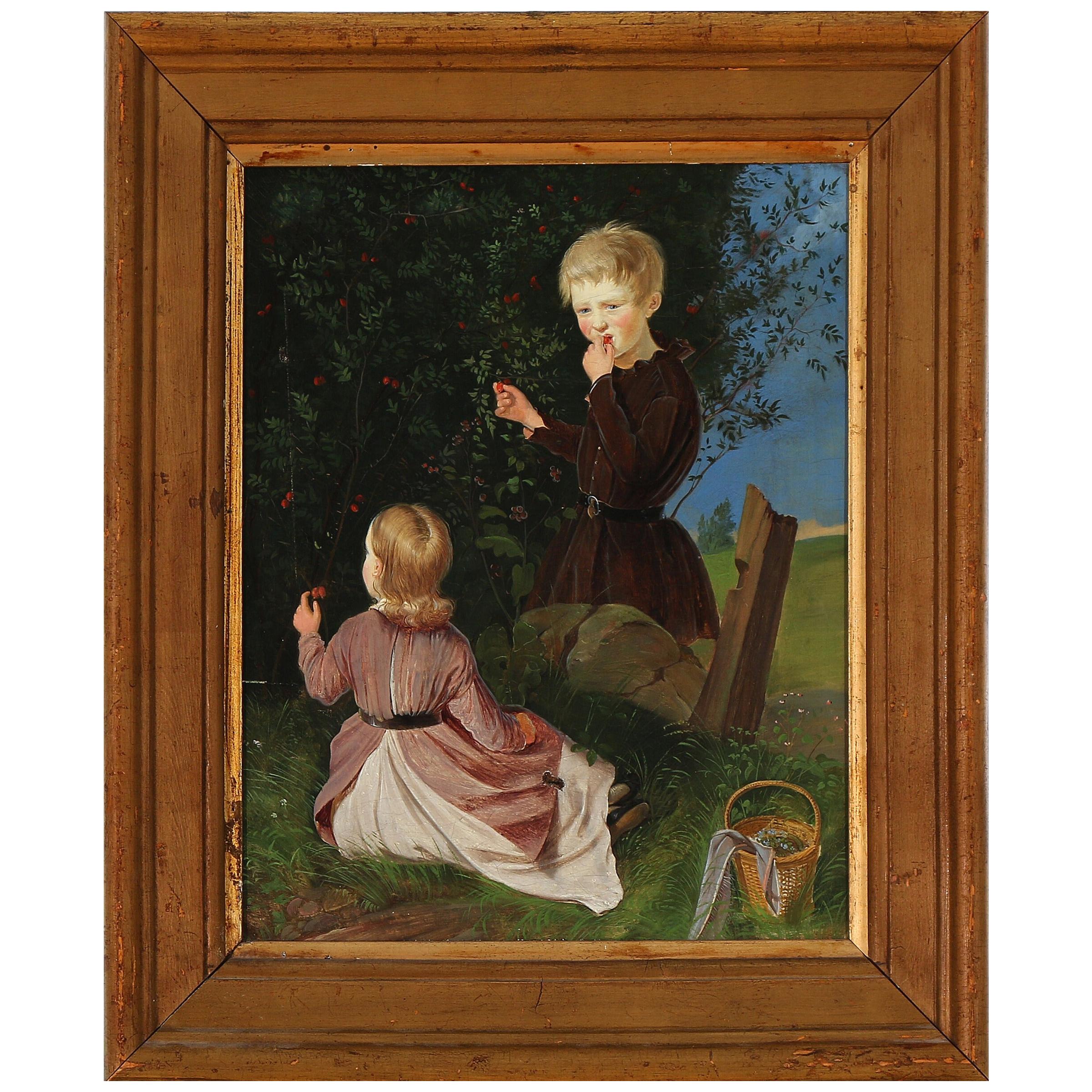 19th Century Painting of Two Children Picking Berries For Sale