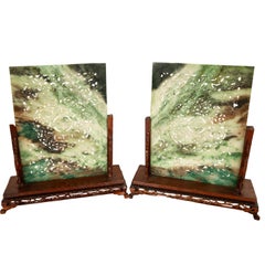 19th C Pair Antique Chinese Qing Carved Jade Scholar's Table Screens Stands 1850