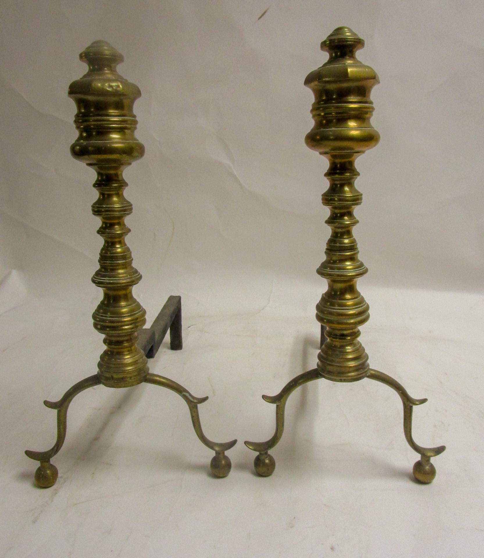 Brass 19th c Pair Classical English Regency Andiron Firedogs For Sale