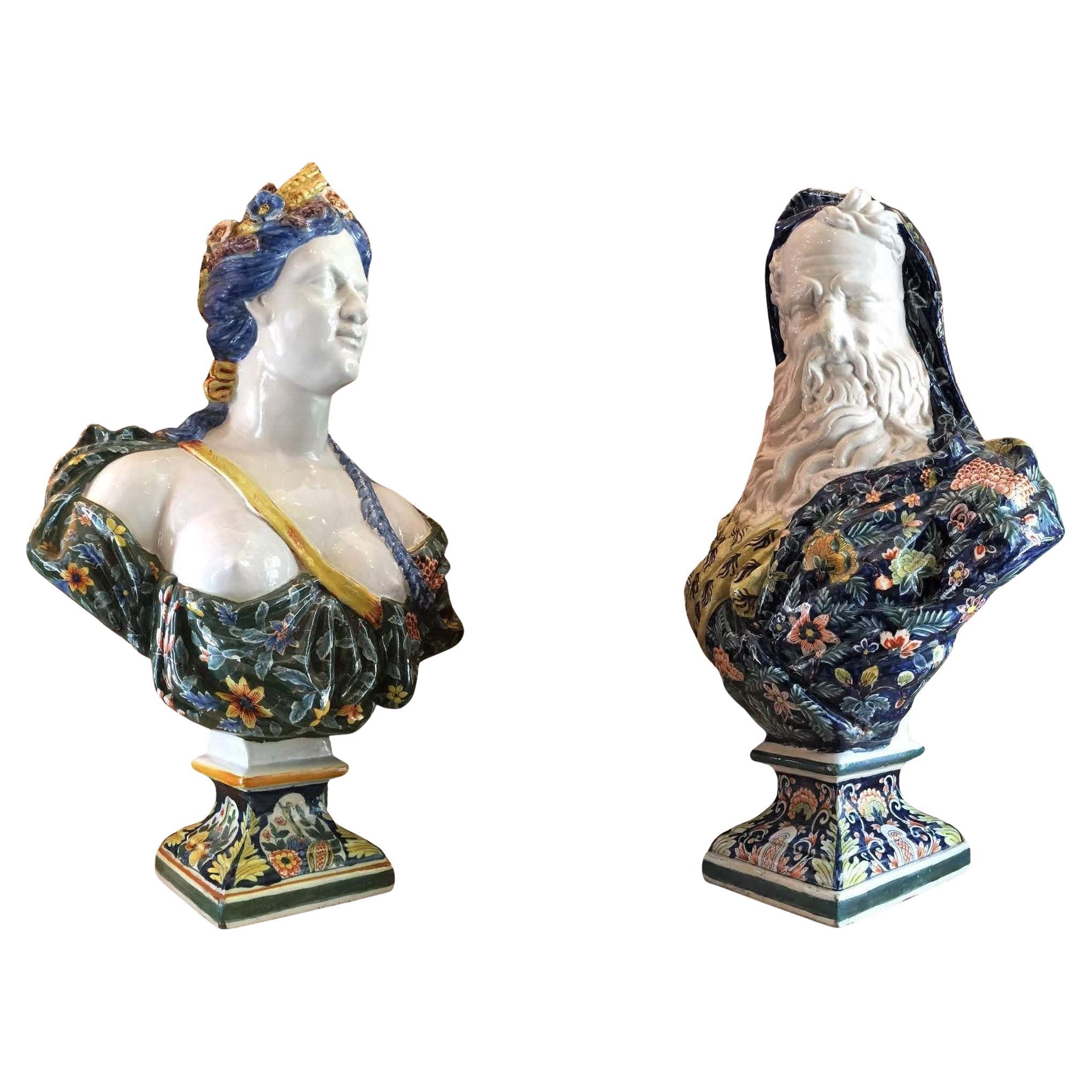Coppia di maioliche di Rouen del 19° secolo, con busto e scultura d'estate e d'inverno, statua LA