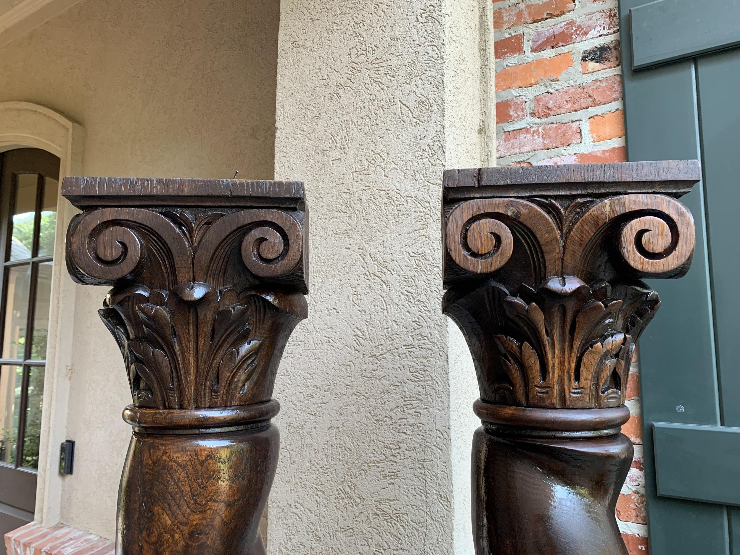 Pair of French Carved Oak Barley Twist Column Baluster Architectural Salvage In Distressed Condition In Shreveport, LA