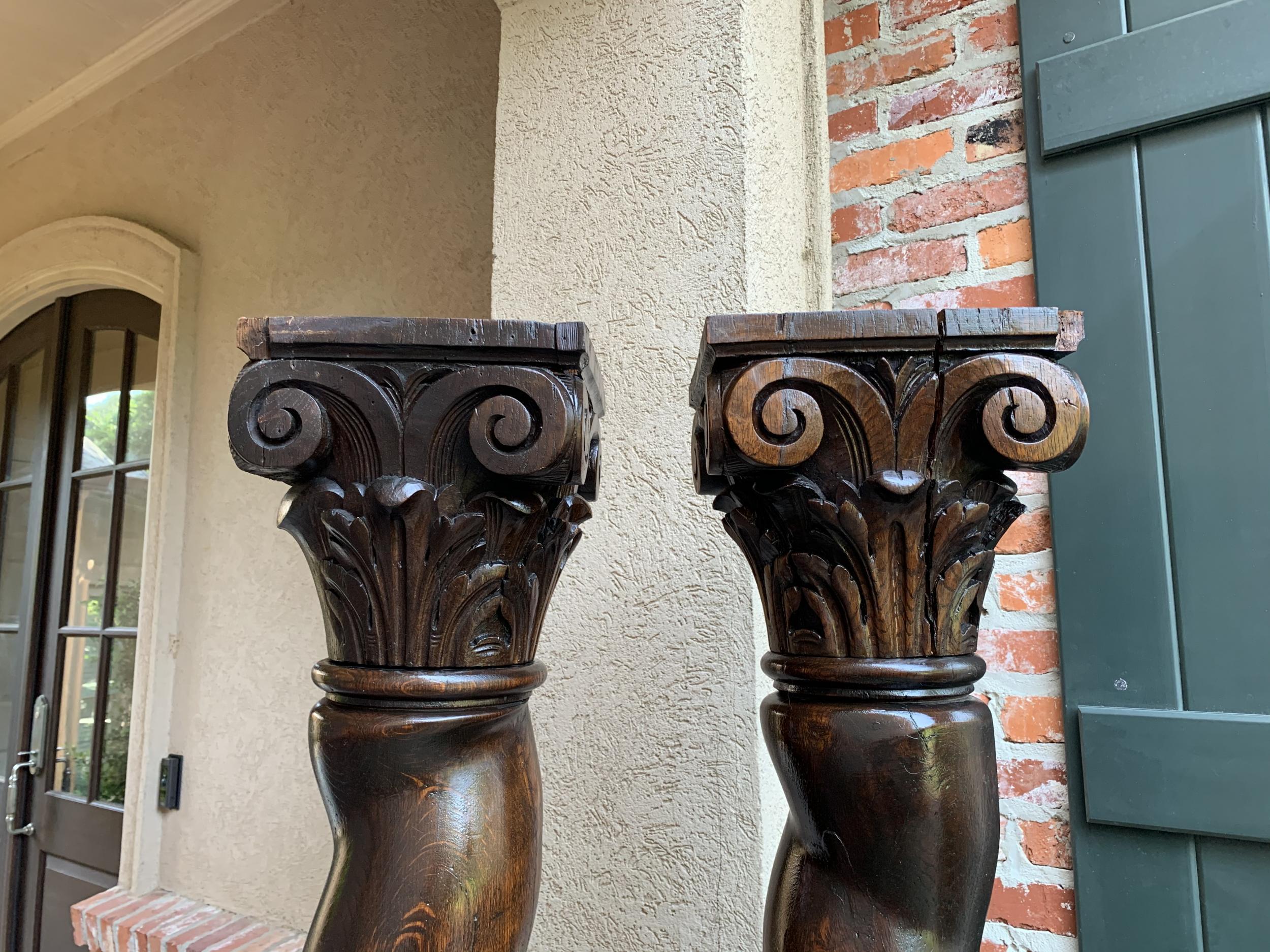 19th Century Pair of French Carved Oak Barley Twist Column Baluster Architectural Salvage
