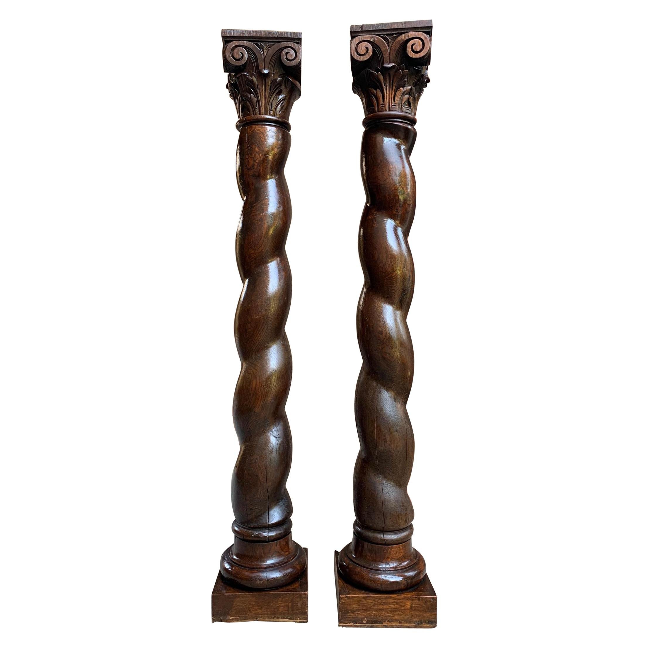 Pair of French Carved Oak Barley Twist Column Baluster Architectural Salvage