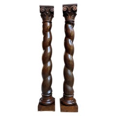Pair of French Carved Oak Barley Twist Column Baluster Architectural Salvage