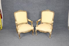 19th c Pair French Louis XV Yellow Carved Giltwood Armchairs