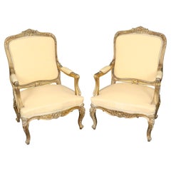 19th c Pair French Louis XV Yellow Carved Giltwood Armchairs