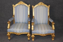 19th C. Pair French Napoleonic Style Armchairs, giltwood & blue upholstery