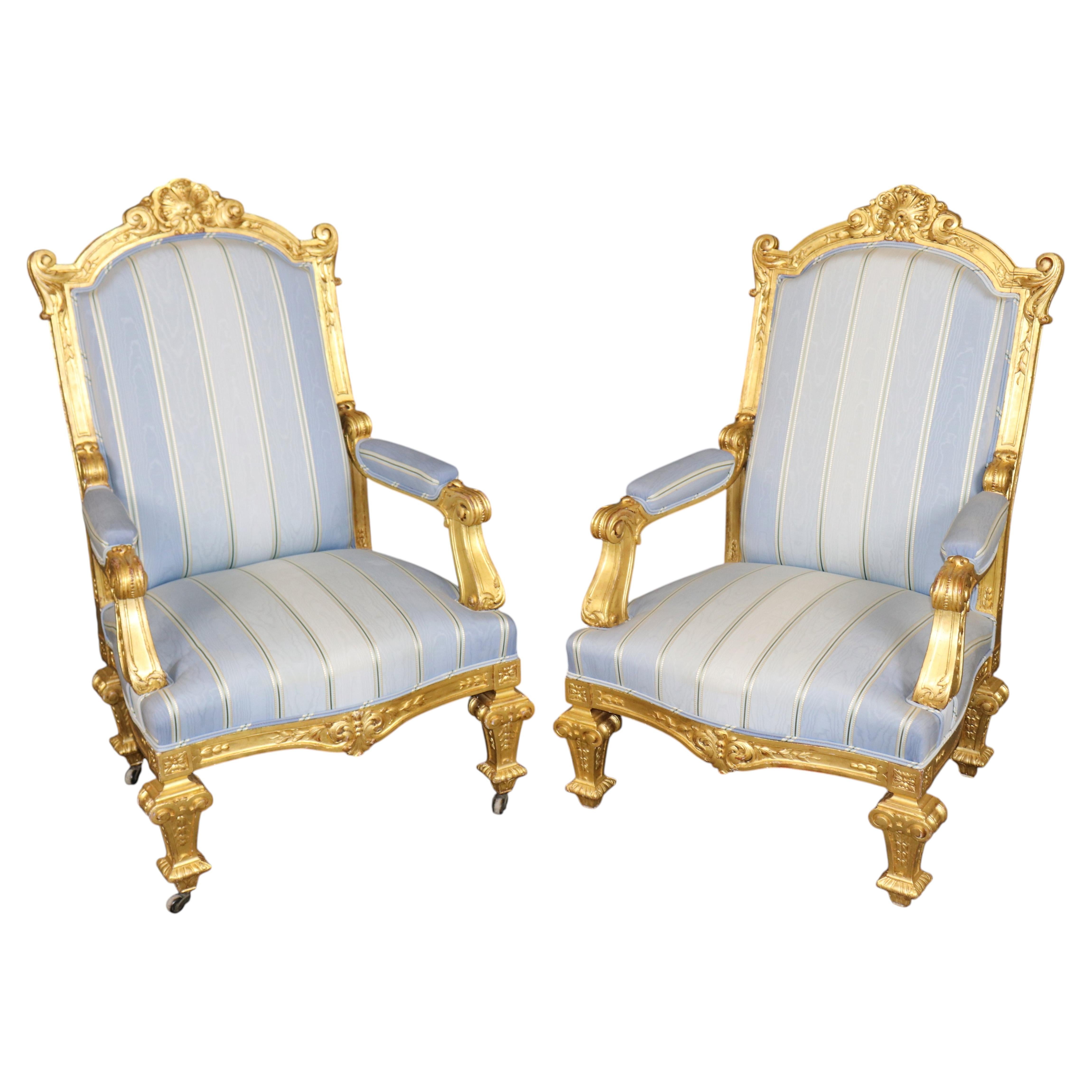 19th C. Pair French Napoleonic Style Armchairs, giltwood & blue upholstery For Sale