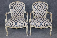 19th C Pair Louis XV French Paint Decorated Style Distressed Painted Armchairs