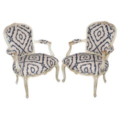 19th C Pair Louis XV French Paint Decorated Style Distressed Painted Armchairs