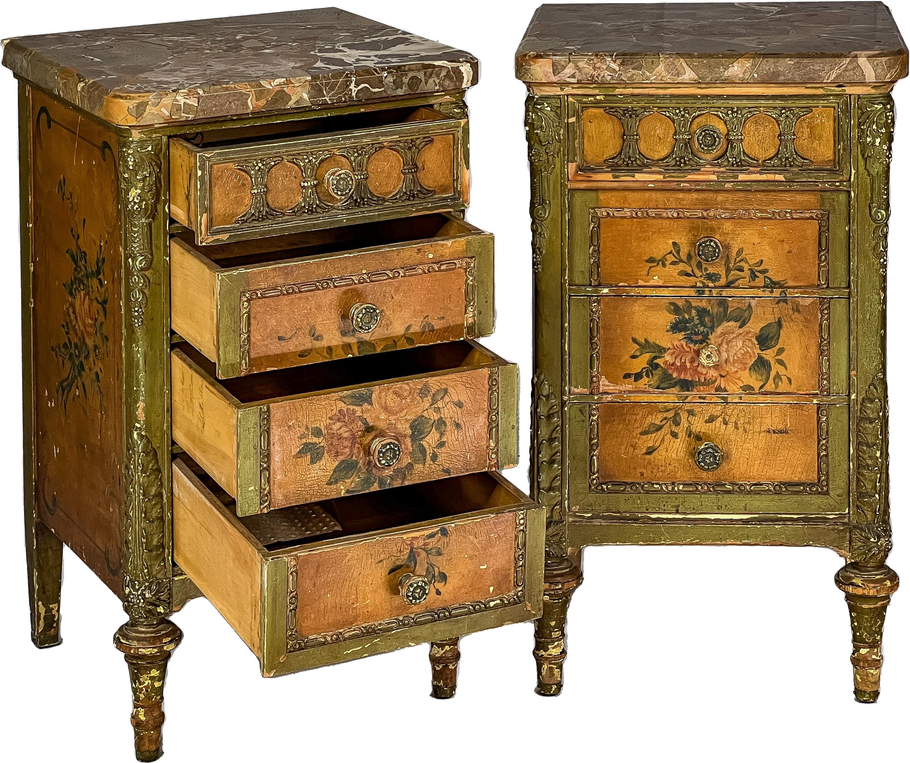 Fantastic pair of 19th c. antique painted commodes. These commodes have a beautiful removable marble top and a carved wood base with four drawers. All four drawers can be pulled out of the base.