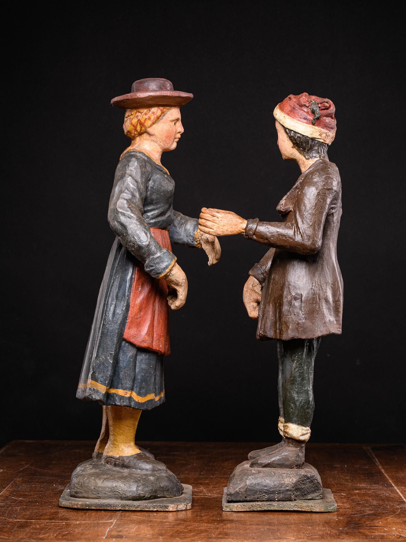 19th Century 19th C Pair of Breton Polychromed Fruitwood Statues, Fisherman and His Wife For Sale