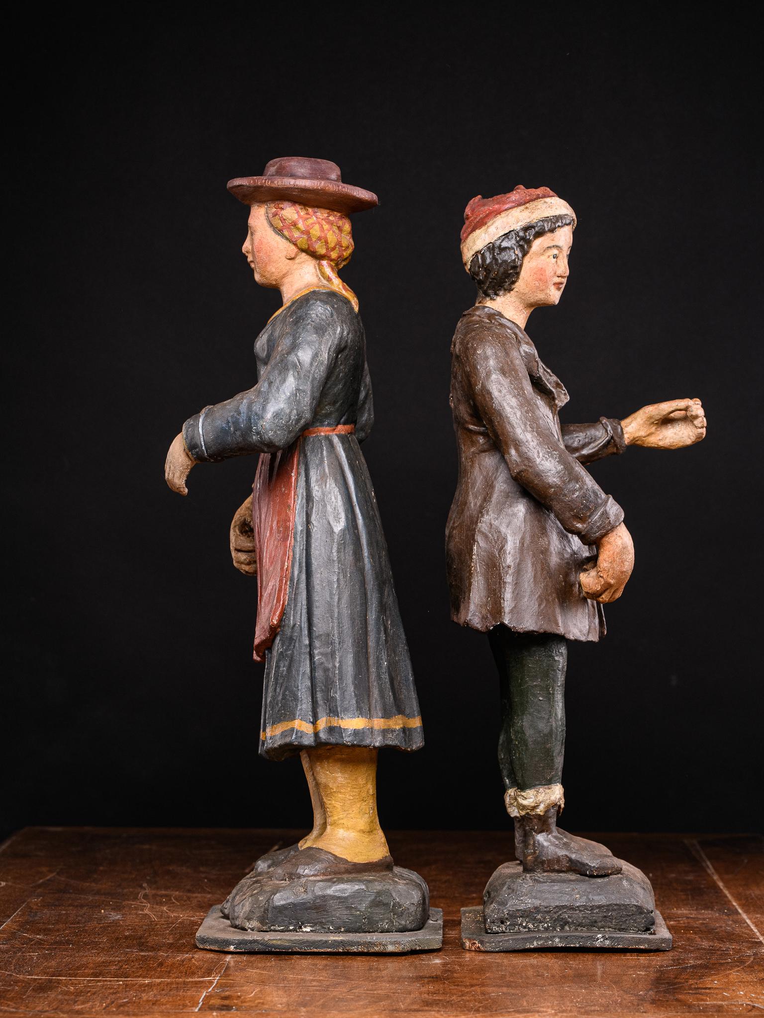 Wood 19th C Pair of Breton Polychromed Fruitwood Statues, Fisherman and His Wife For Sale
