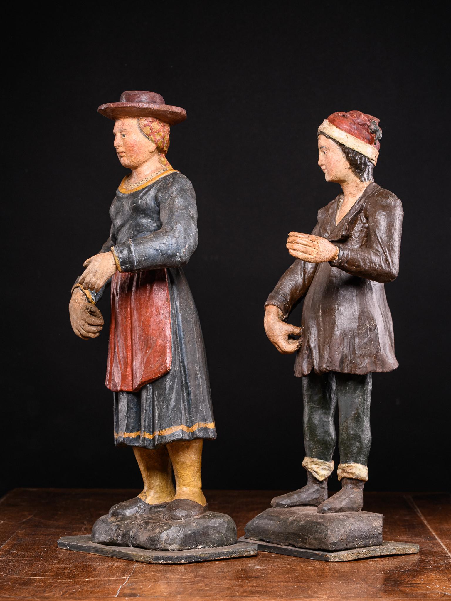 19th C Pair of Breton Polychromed Fruitwood Statues, Fisherman and His Wife For Sale 1