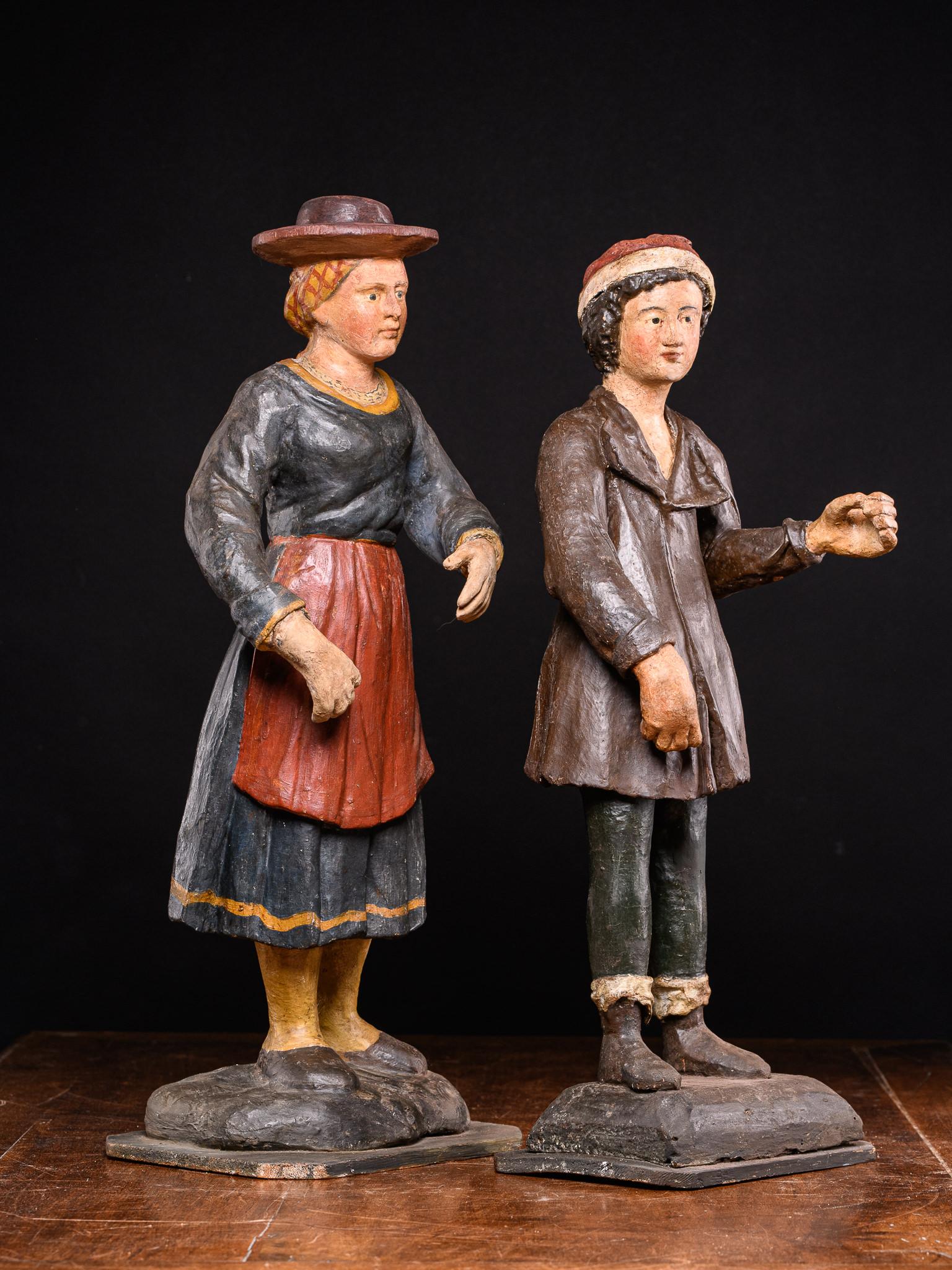 19th C Pair of Breton Polychromed Fruitwood Statues, Fisherman and His Wife For Sale 2