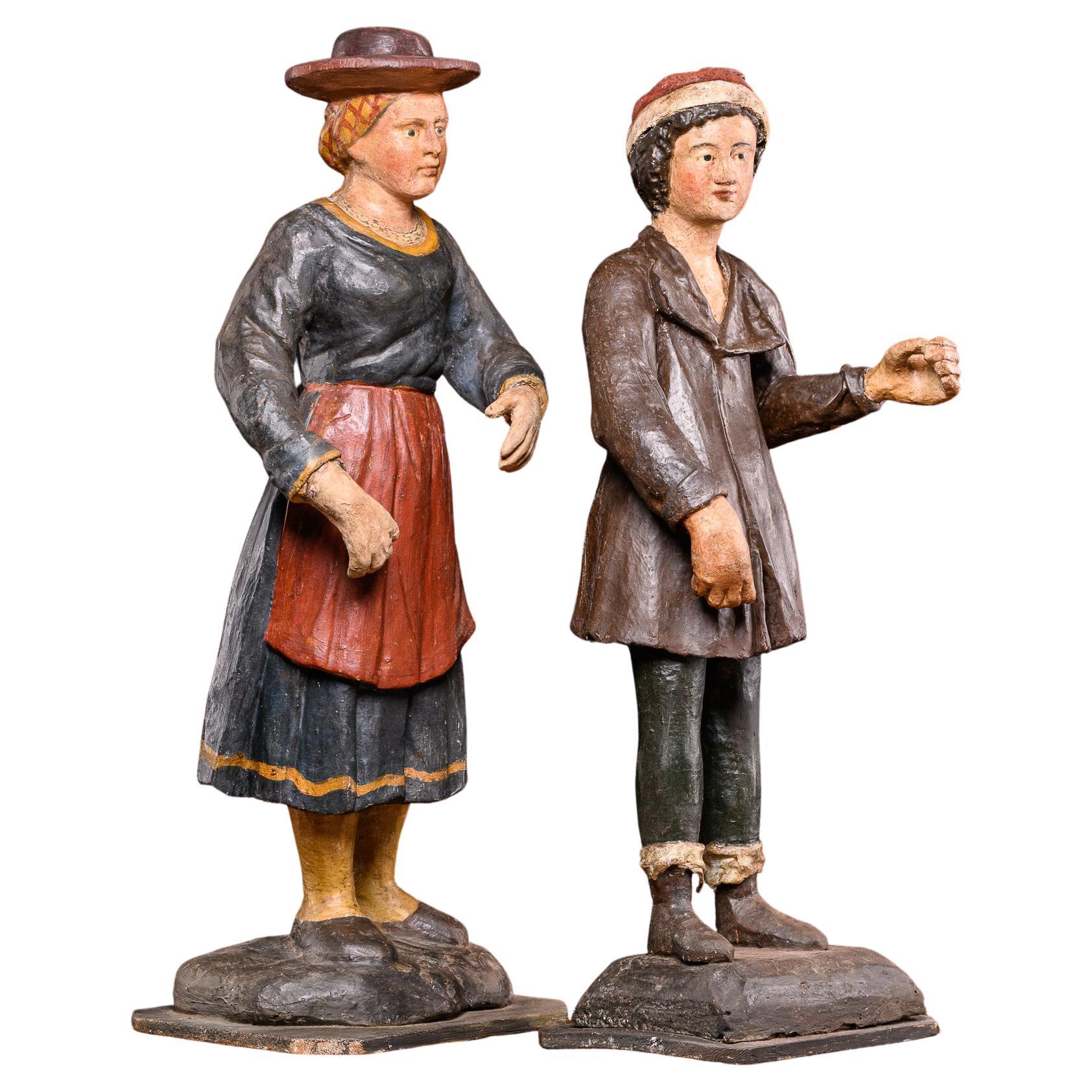 19th C Pair of Breton Polychromed Fruitwood Statues, Fisherman and His Wife For Sale