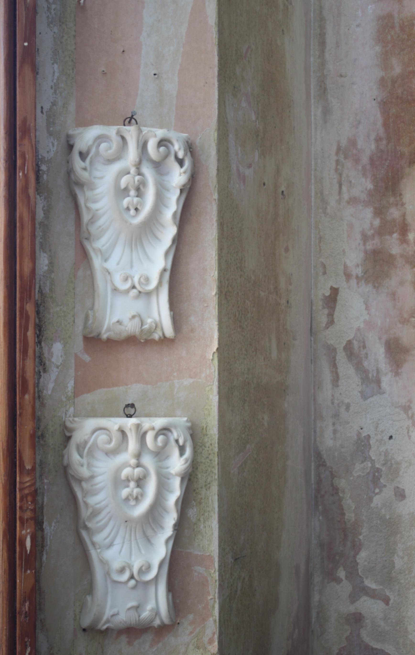 Hand-Carved 19th C Pair of Carved Marble Organic Decorative Rococo Architectural Elements 