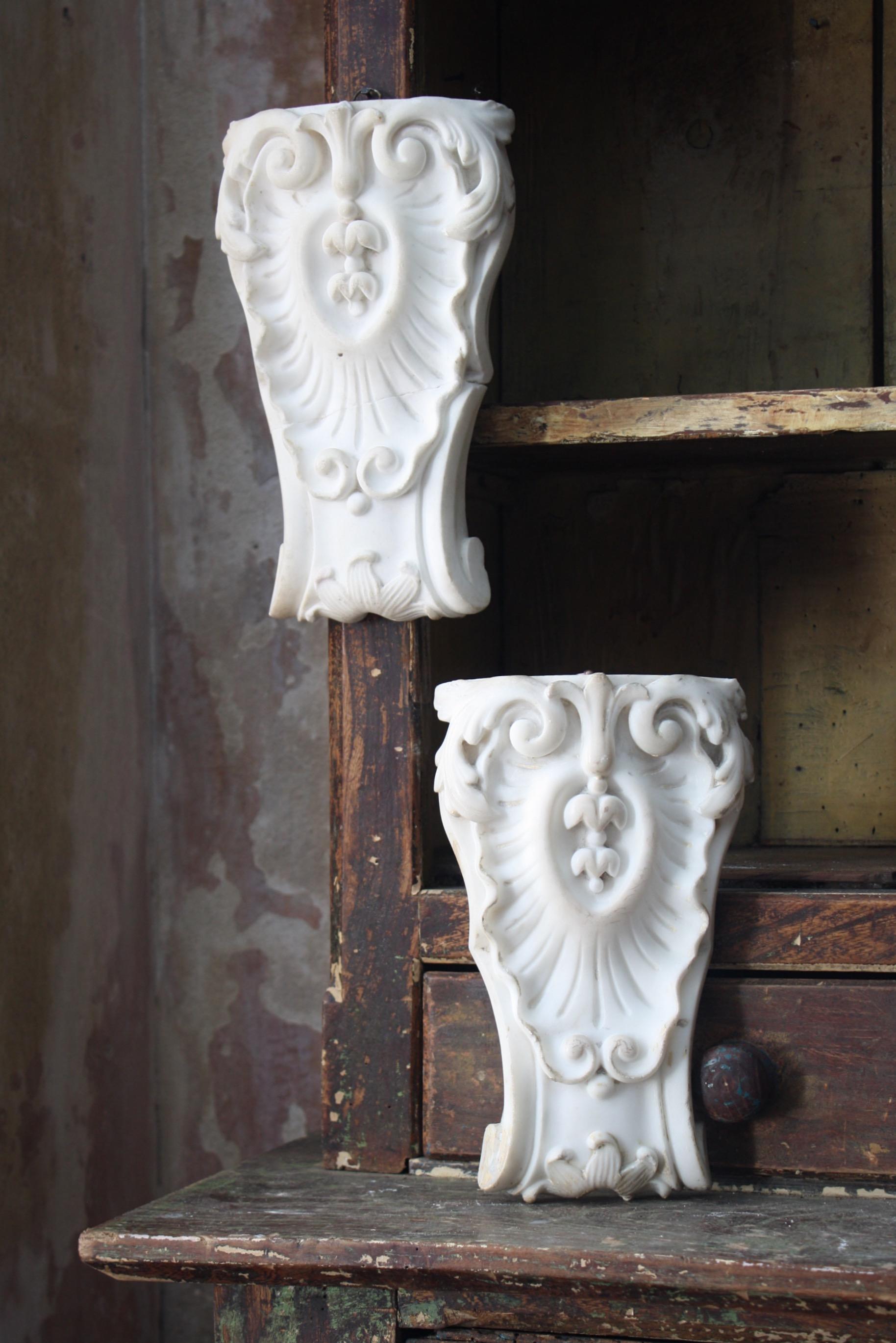 19th C Pair of Carved Marble Organic Decorative Rococo Architectural Elements  1