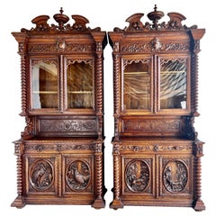 19th C. Pair of English Oak Carved Cabinets