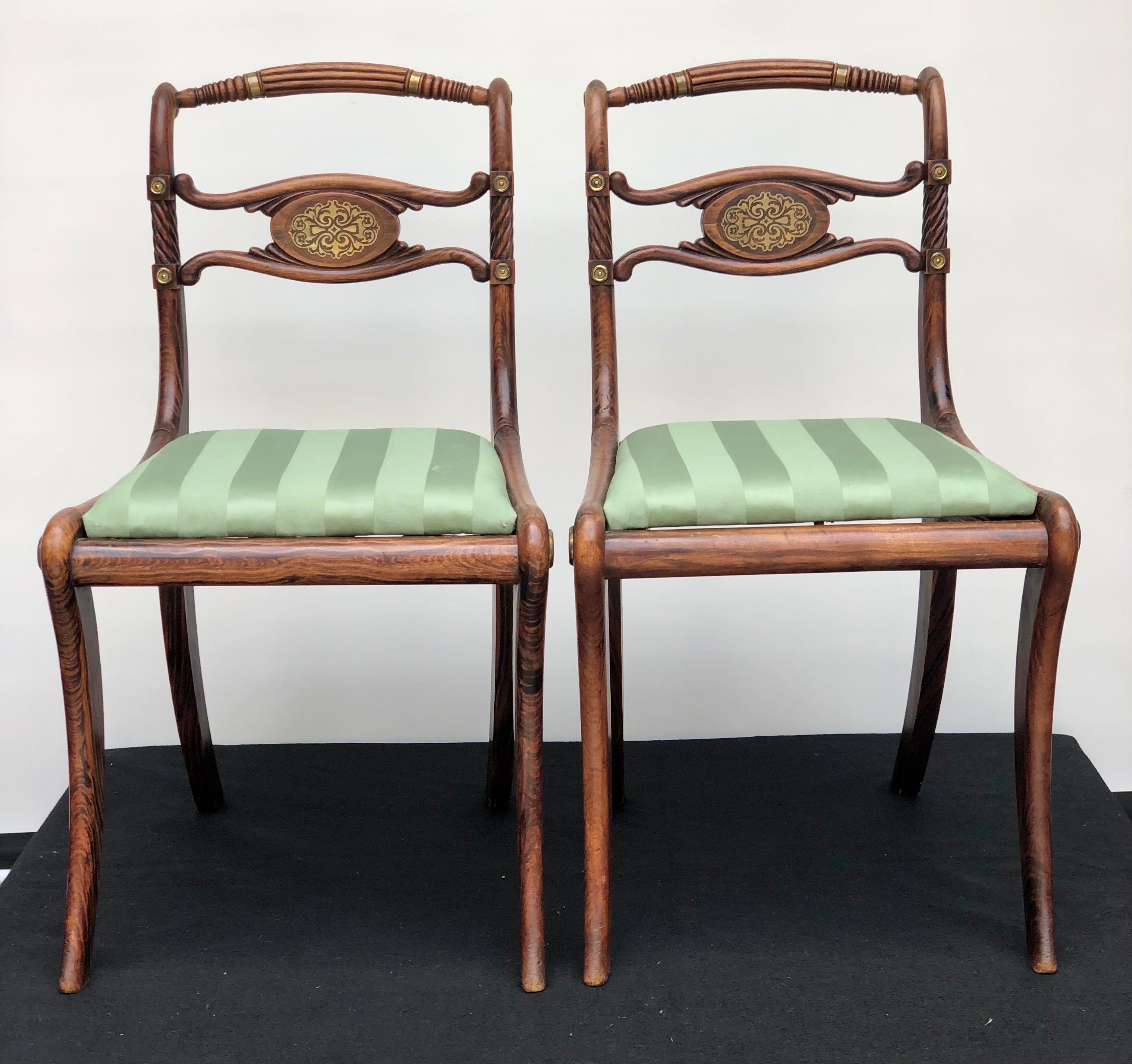 19th C. Pair of English Regency Faux Rosewood Brass Inlaid Side Chairs 3