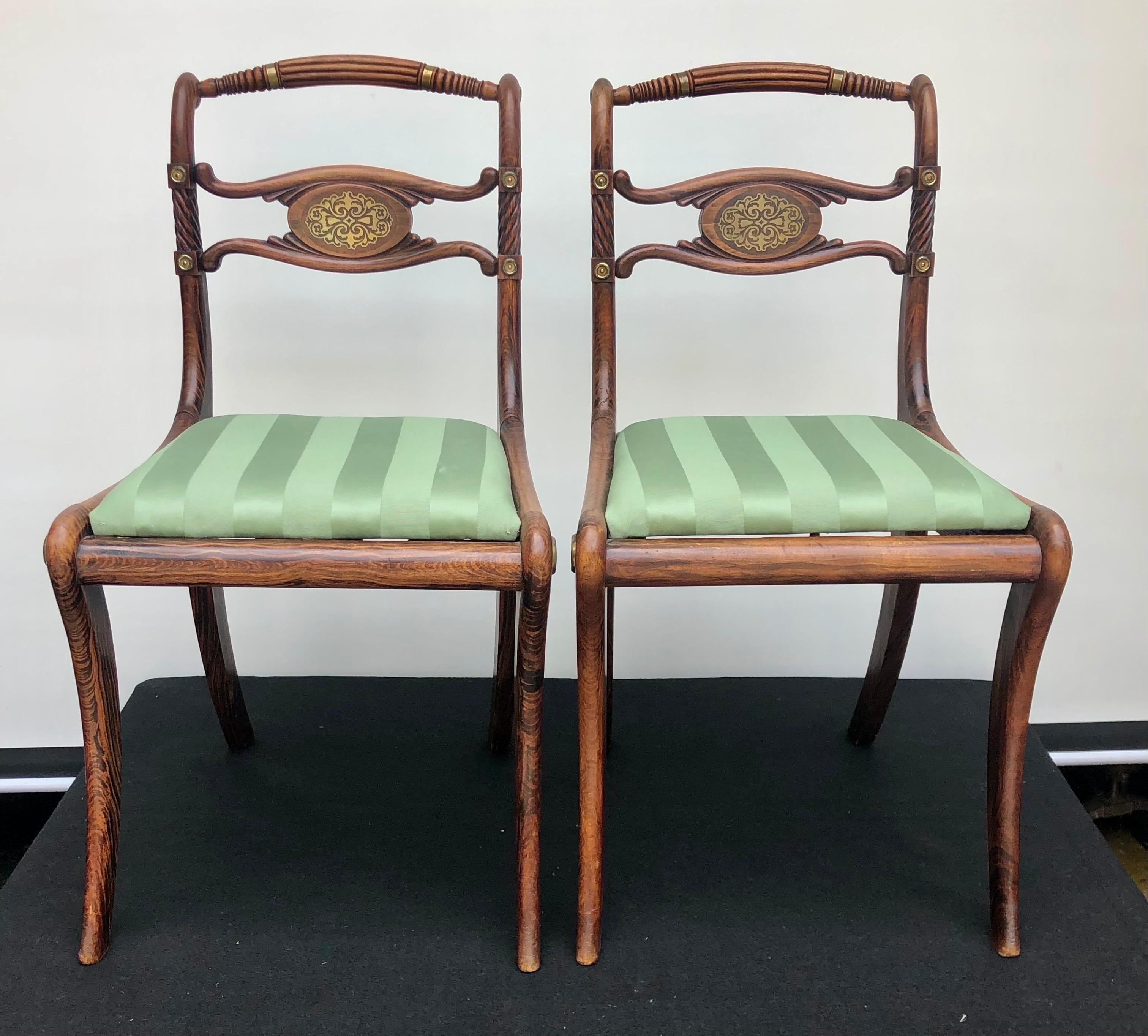 19th C. Pair of English Regency Faux Rosewood Brass Inlaid Side Chairs 4