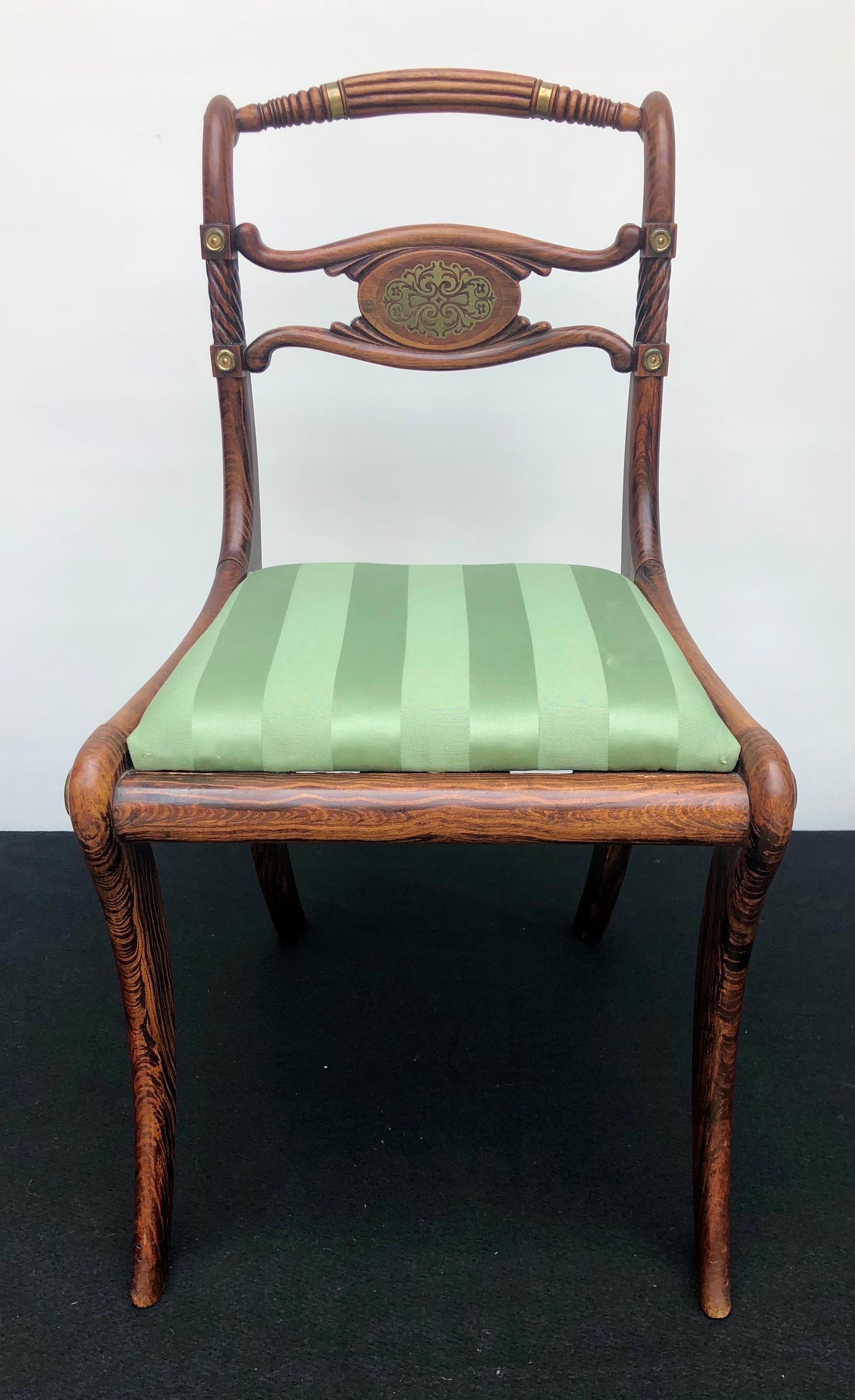 19th C. Pair of English Regency Faux Rosewood Brass Inlaid Side Chairs 5