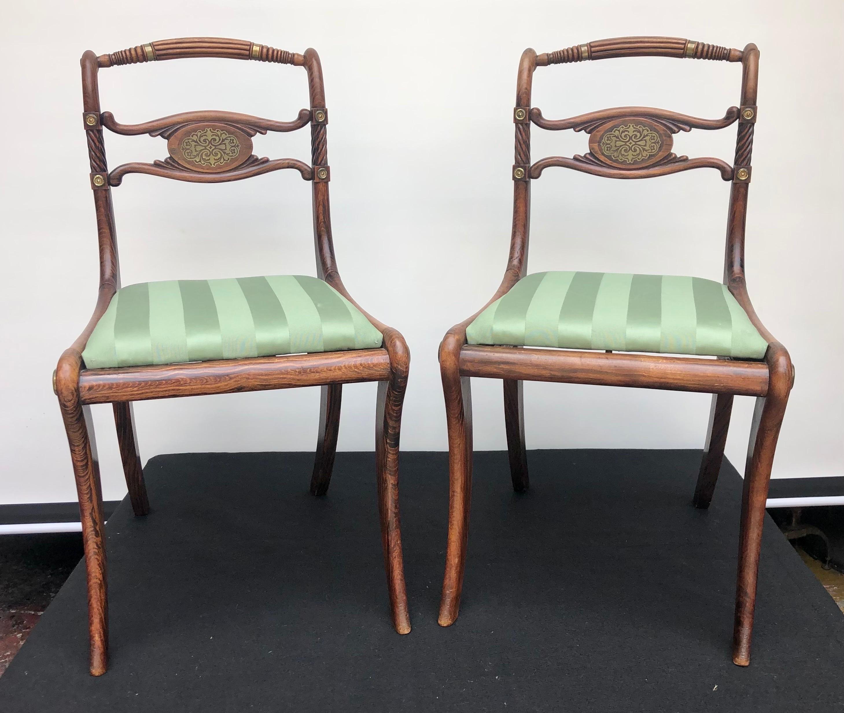19th C. Pair of English Regency Faux Rosewood Brass Inlaid Side Chairs 12