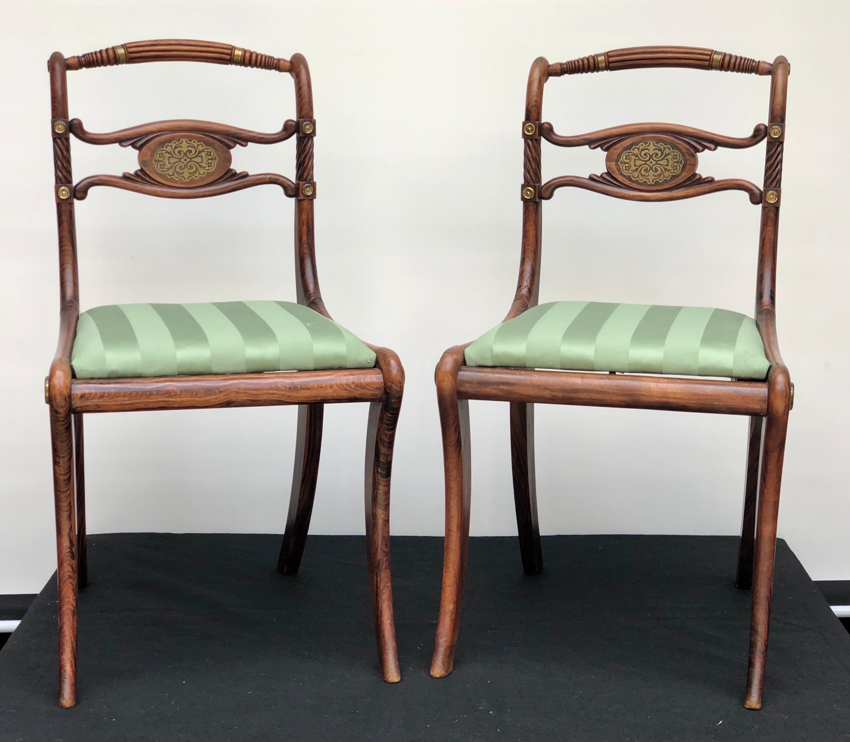 19th C. Pair of English Regency Faux Rosewood Brass Inlaid Side Chairs 2