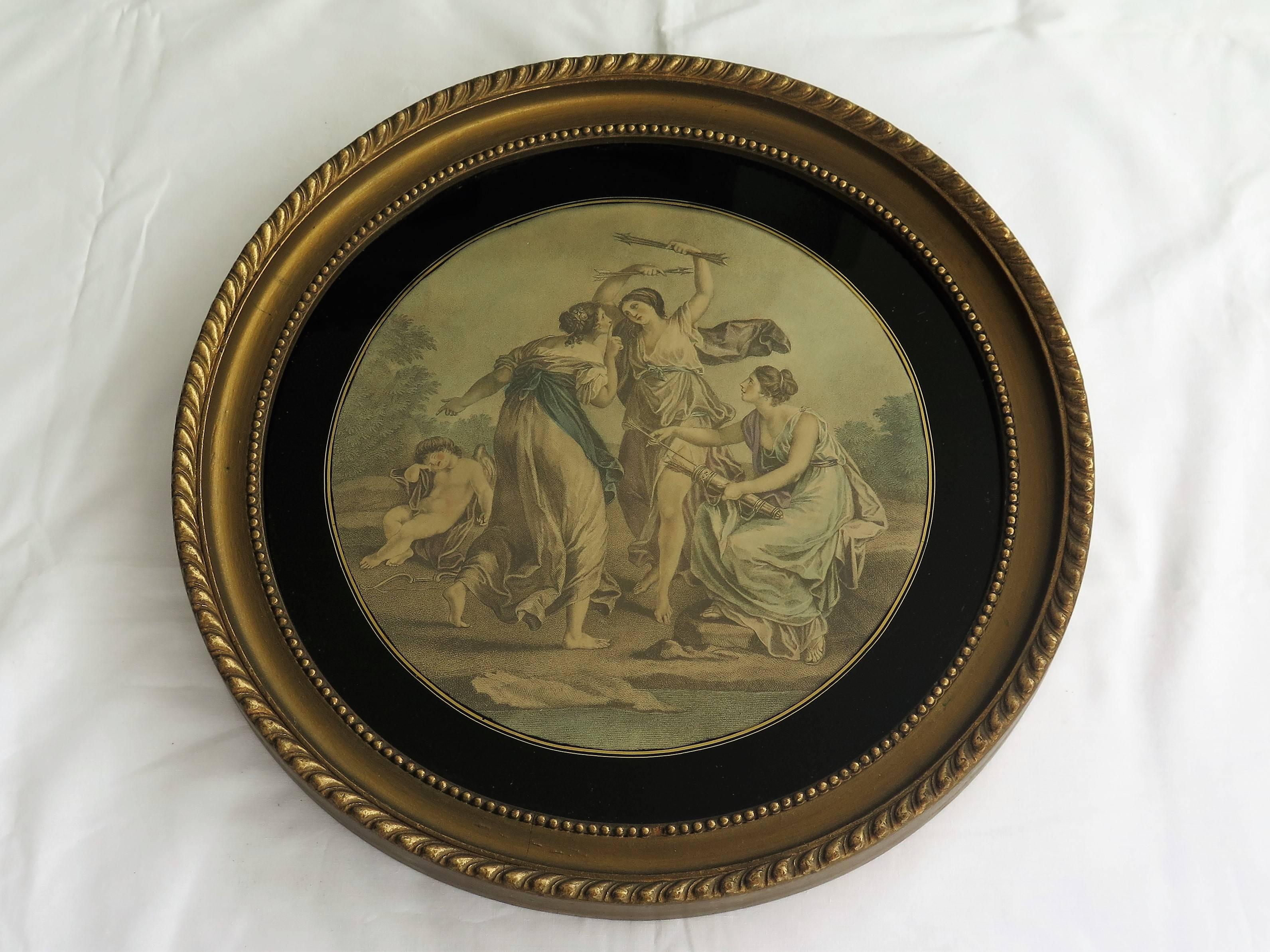 These are a very decorative pair of colored engravings or prints after Angelica Kauffmann, set in antique gold circular frames of a good size of 16.38 inch diameter and dating to the 19th century. These are prints or chromolithographs after the