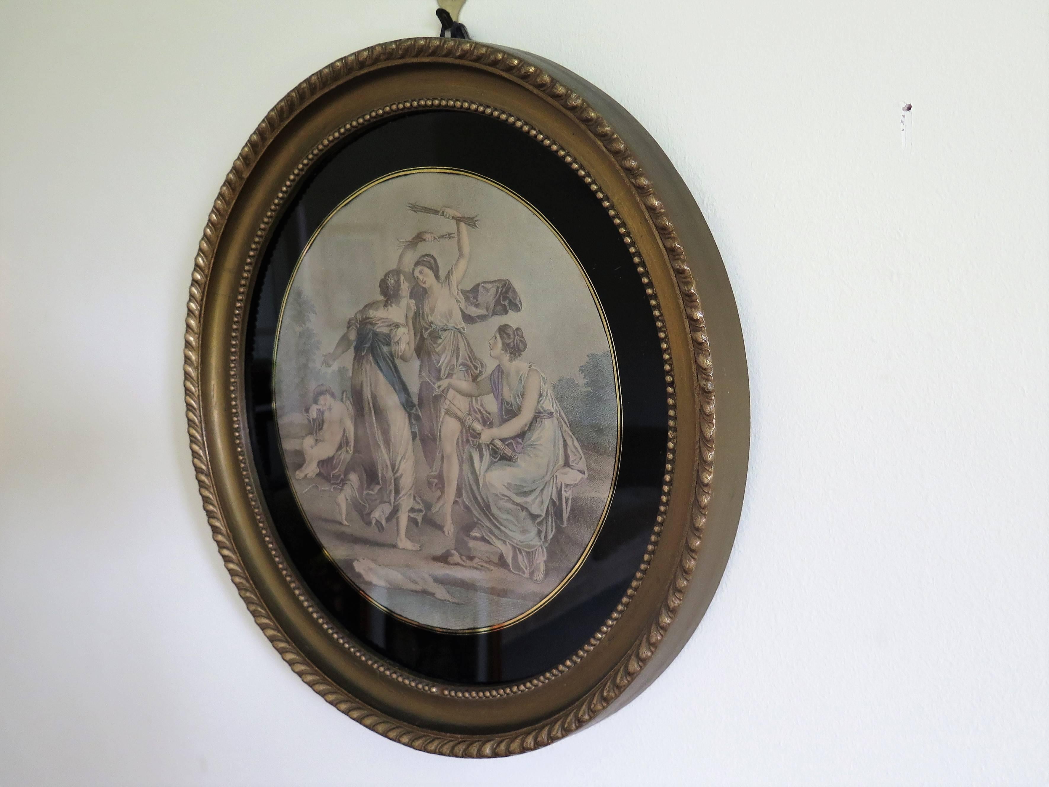 English Pair Framed Colored Engravings or Prints after Angelica Kauffmann, London Label