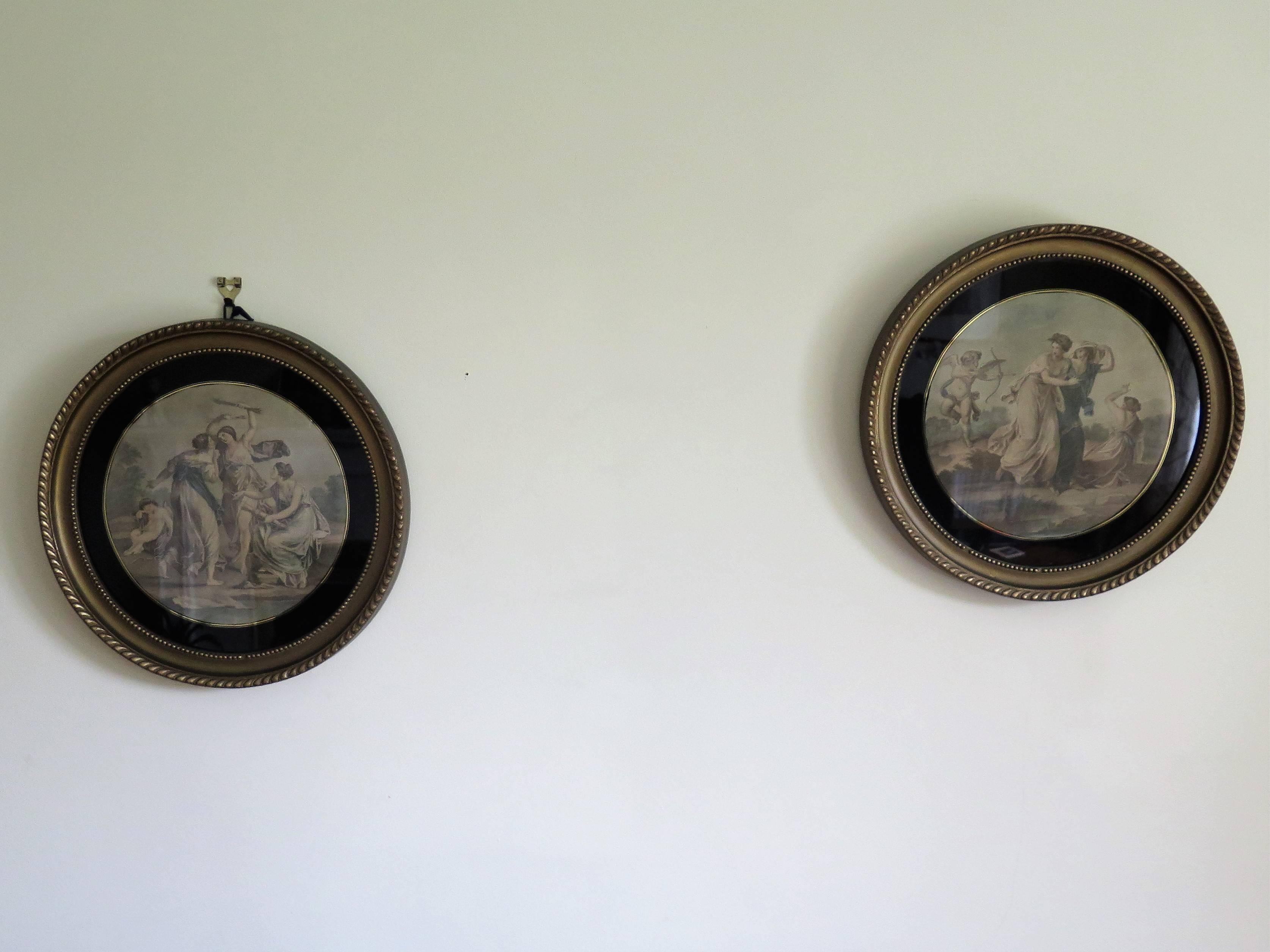 Molded Pair Framed Colored Engravings or Prints after Angelica Kauffmann, London Label