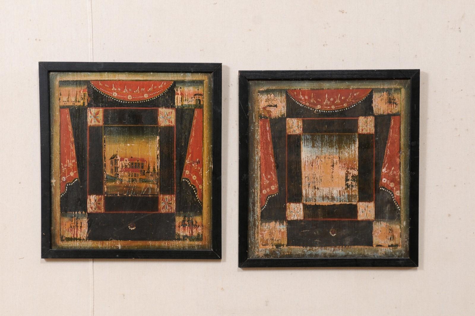 A French pair of painted boards from the 19th century. This antique pair of paintings from France each feature various snippets of hand-painted village scenes, a larger one at center surrounded by a series of smaller ones, and set within a painted